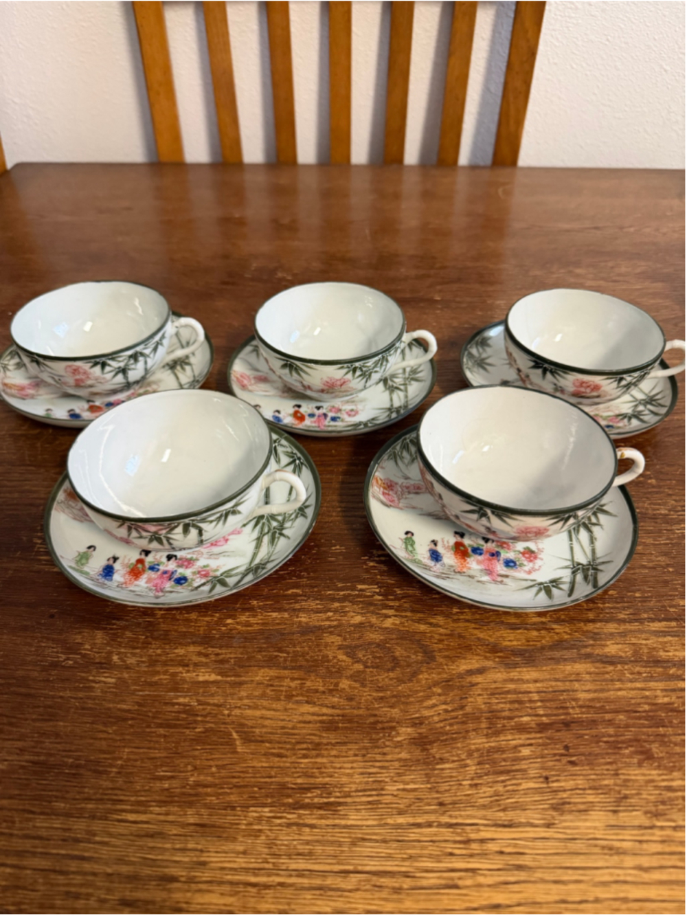 Vintage Made in Japan Tea Cups Saucers Set of 5 Bamboo Asian Porcelain 11 Pc